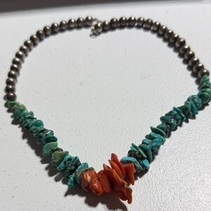 Vintage Southwestern Sterling Turquoise and Coral Beaded Necklace 18.5"  (1)